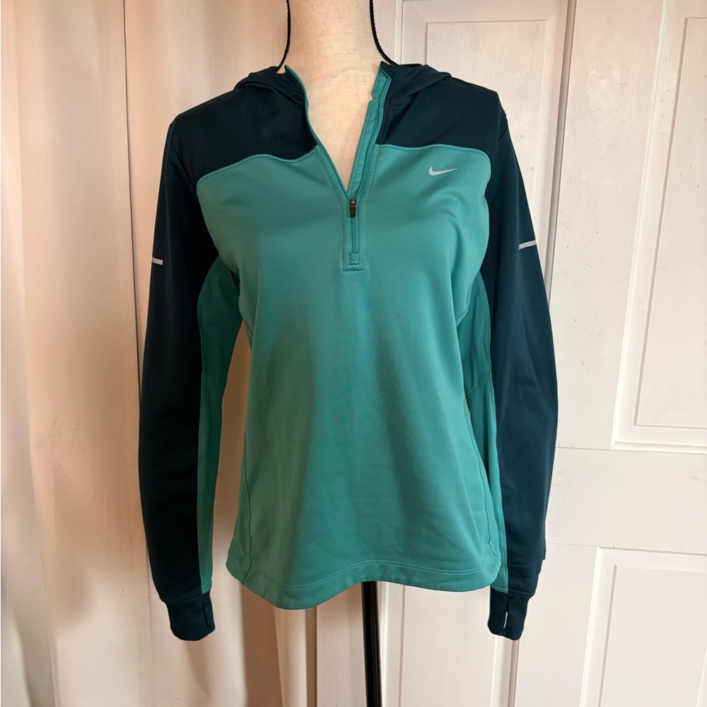 Nike Dri Fit Women's Teal and Dark Teal Half-Zip Hooded Performance Top